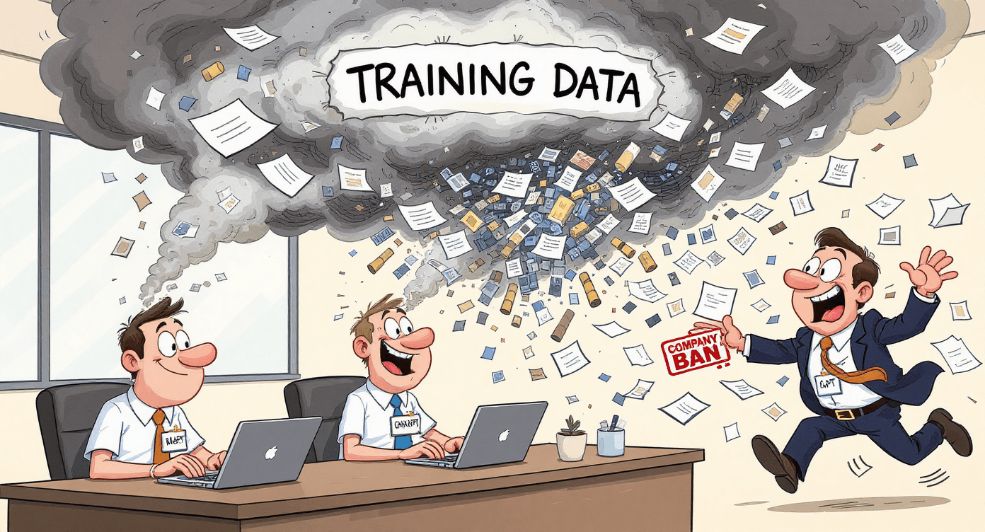 Samsung ChatGPT data leak cartoon showing employees accidentally sharing sensitive code - AI workplace security warning illustration