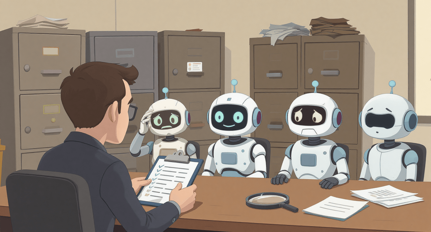 AI tool evaluation cartoon showing person interviewing AI services for privacy and security - AI tool selection guide illustration