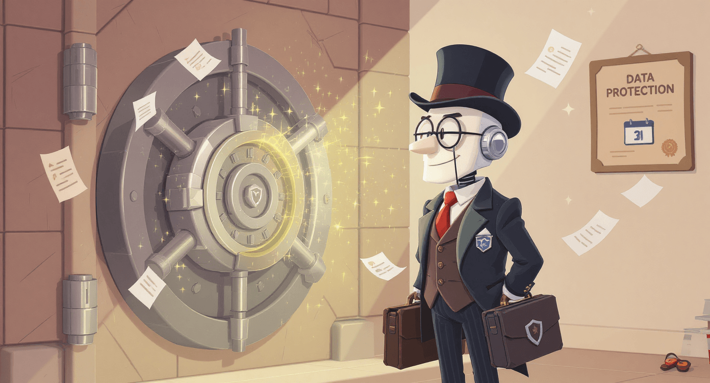 Claude AI privacy cartoon showing secure ChatGPT alternative with data protection for beginners - private AI tool comparison illustration