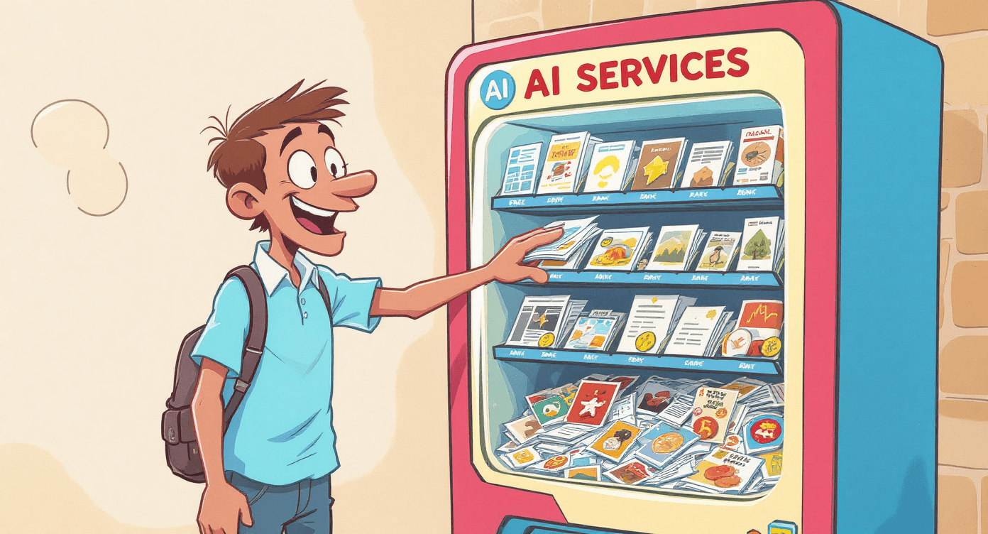 Free AI service vending machine cartoon showing data as payment for free tools - AI privacy cost illustration for beginners