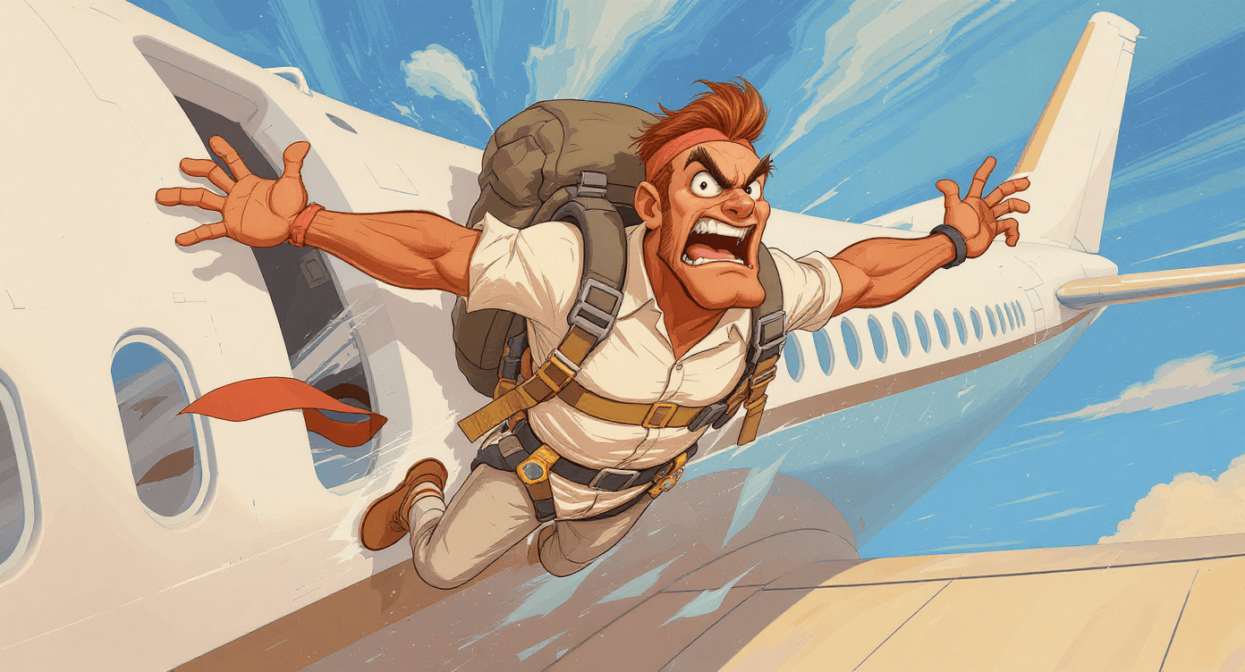 Person skydiving cartoon showing AI security risks and safety precautions - beginner guide to AI privacy dangers illustration