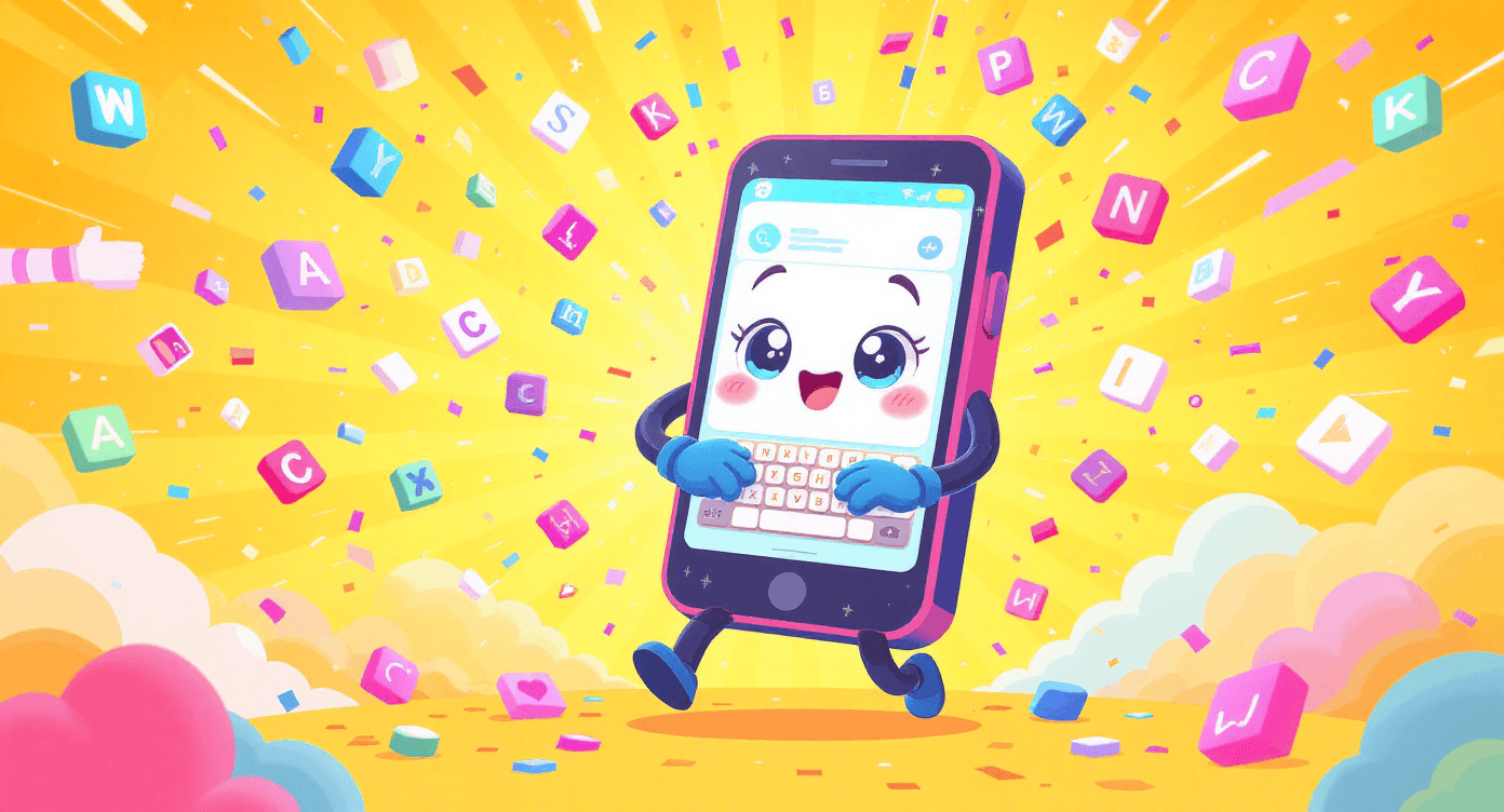 Cartoon smartphone character demonstrating natural language processing NLP autocorrect predictions with floating word suggestions for beginners guide