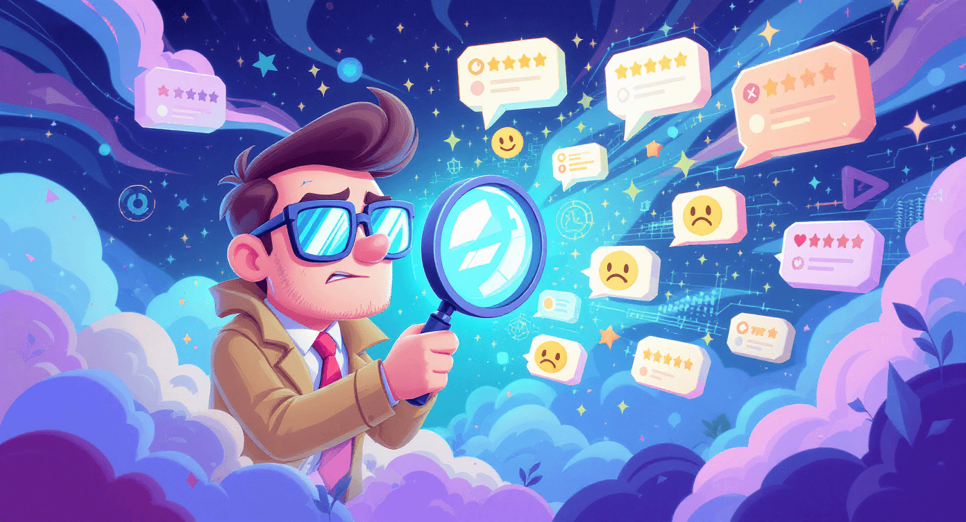 NLP sentiment analysis illustration showing small business owner analyzing customer feedback reviews with artificial intelligence tools