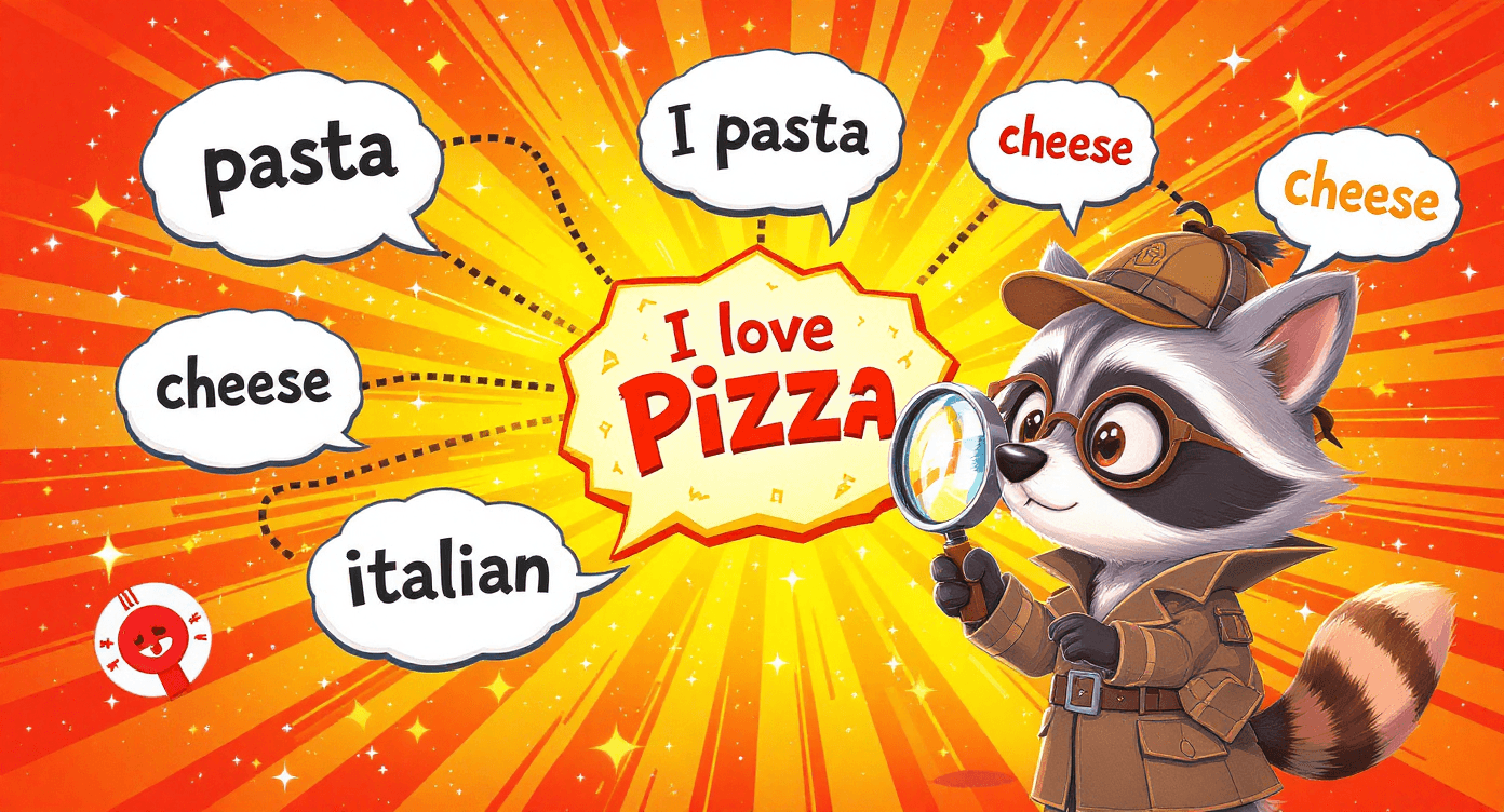 NLP pattern recognition cartoon raccoon analyzing language connections between pizza and related food words for natural language processing