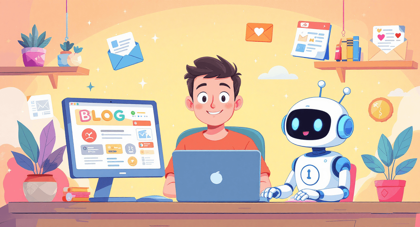 AI content creation tools illustration showing writer using natural language processing NLP for blog posts social media marketing automation