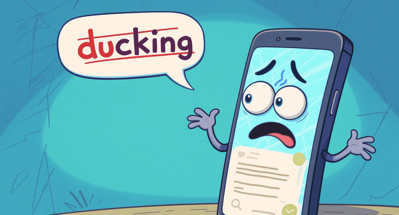 Funny autocorrect fail illustration showing NLP educated guesses gone wrong with confused smartphone character and predictive text