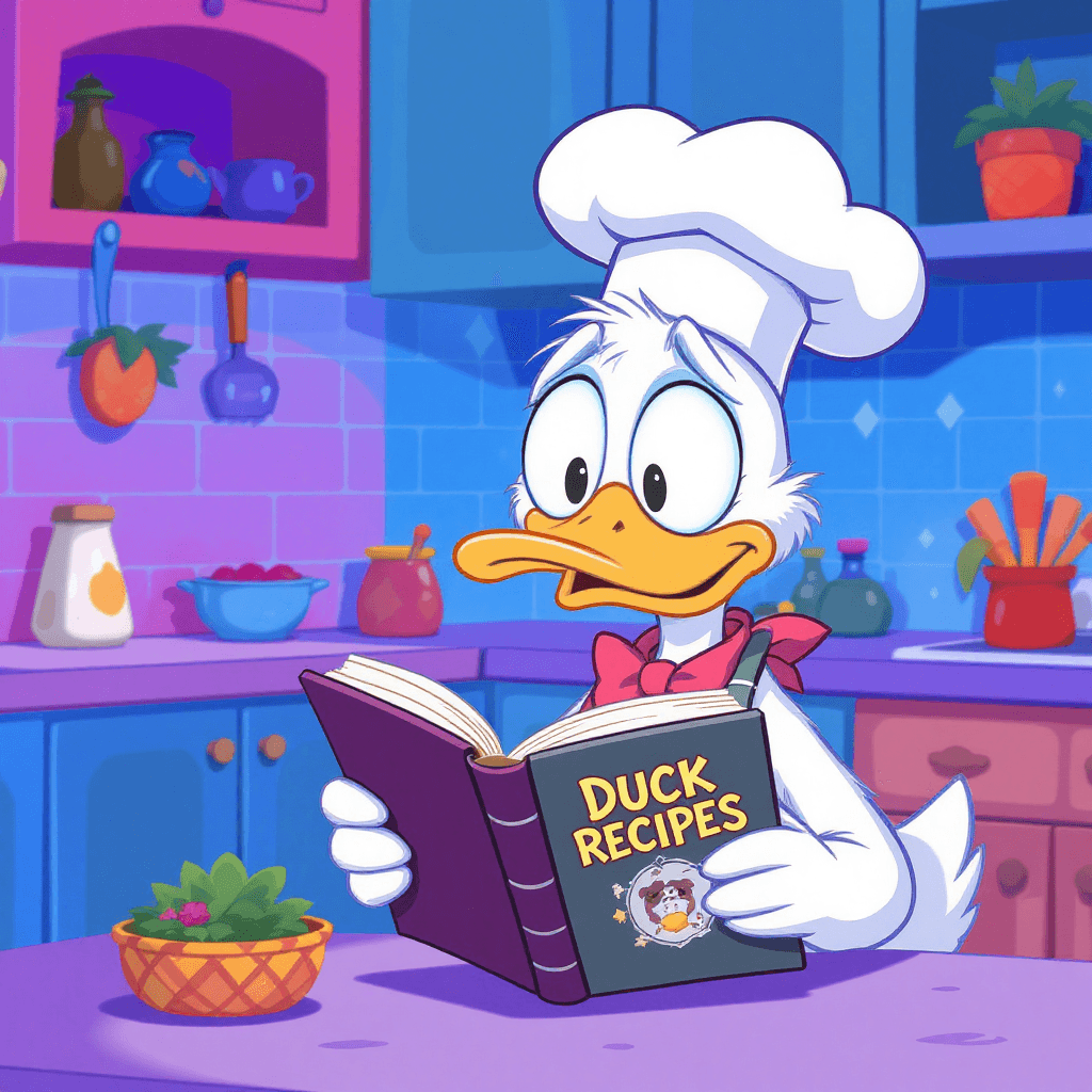 Funny cartoon duck shocked reading duck recipe book illustrating humorous voice assistant NLP natural language processing misunderstandings