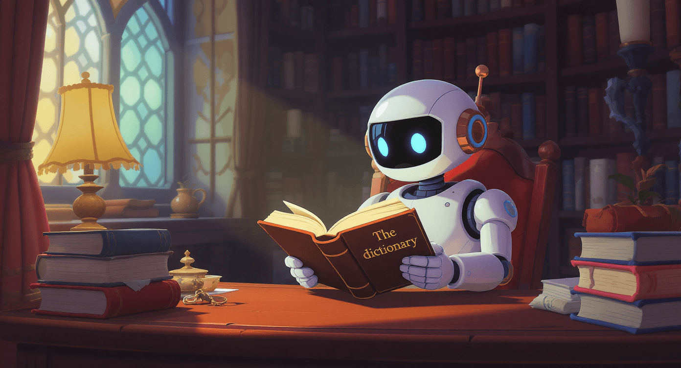 Funny robot with a dictionary upside down, symbolising NLP learning human language.