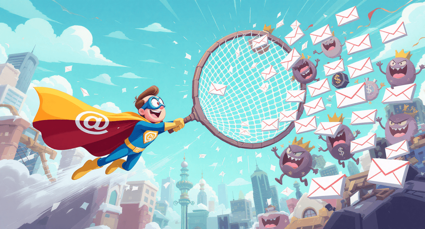 NLP spam filter superhero cartoon catching spam emails showing natural language processing email protection and security features