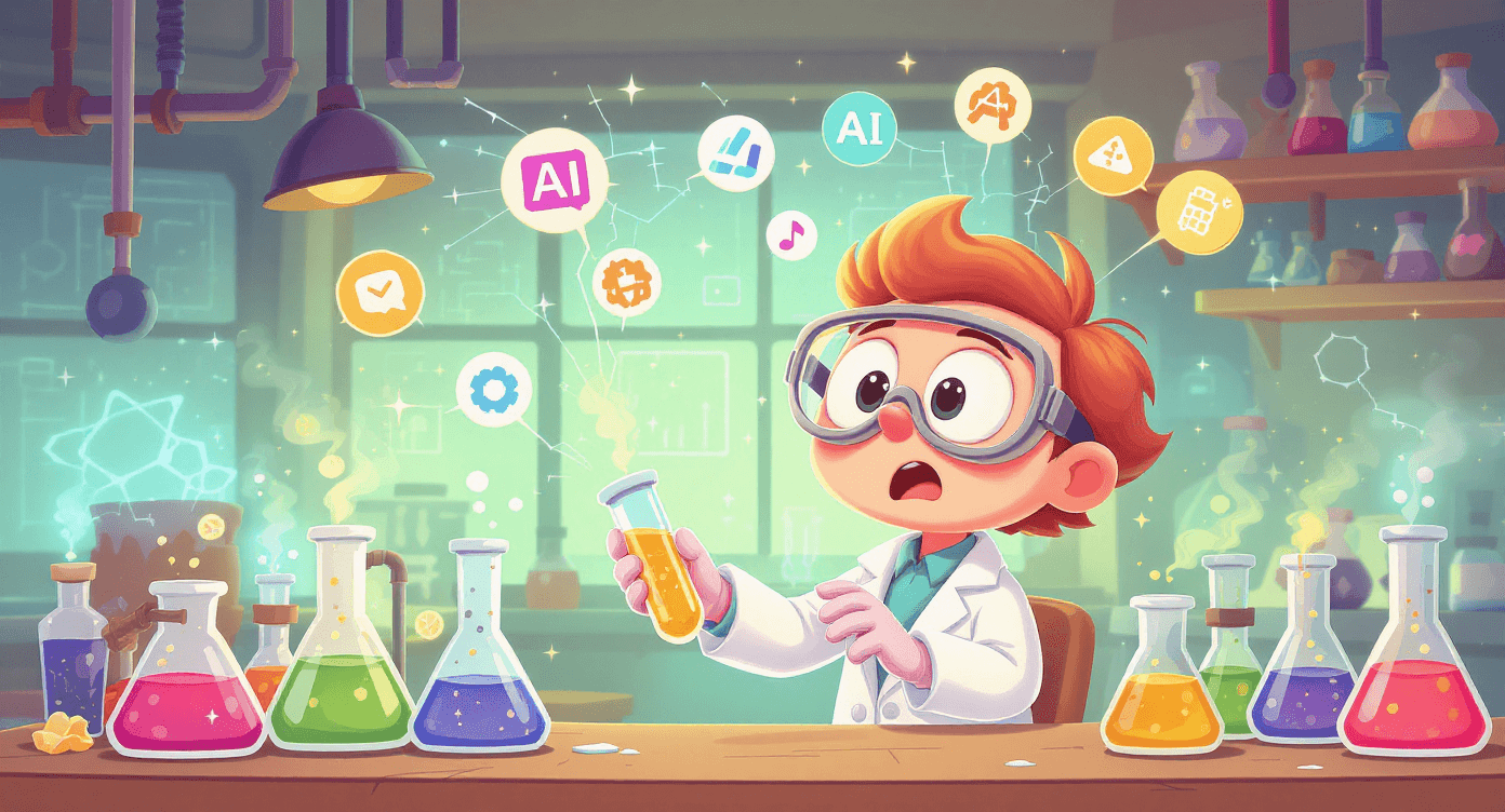 AI experimentation cartoon showing beginner testing NLP natural language processing tools and applications safely