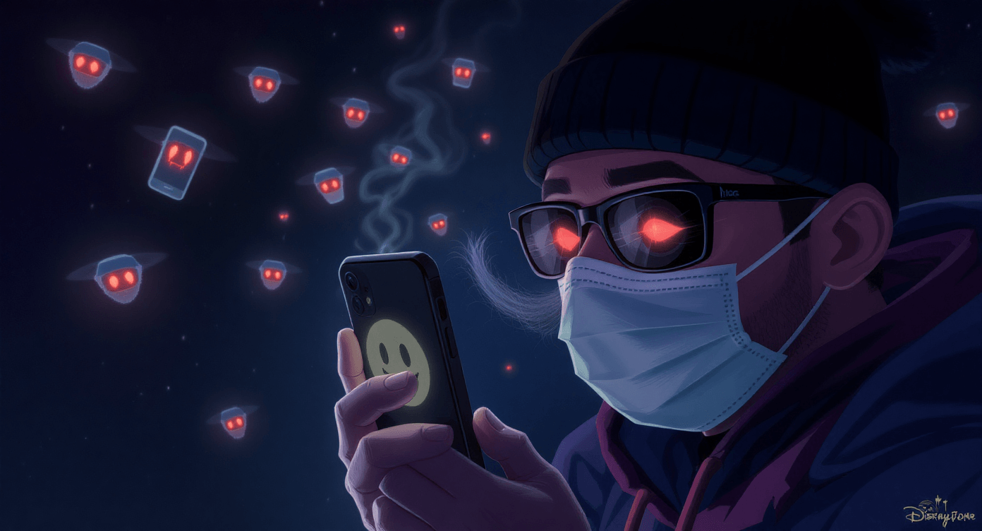 AI facial recognition technology cartoon showing phone identifying disguised person wearing mask sunglasses hat deep learning surveillanceg healthcare professionals with diagnosis.
