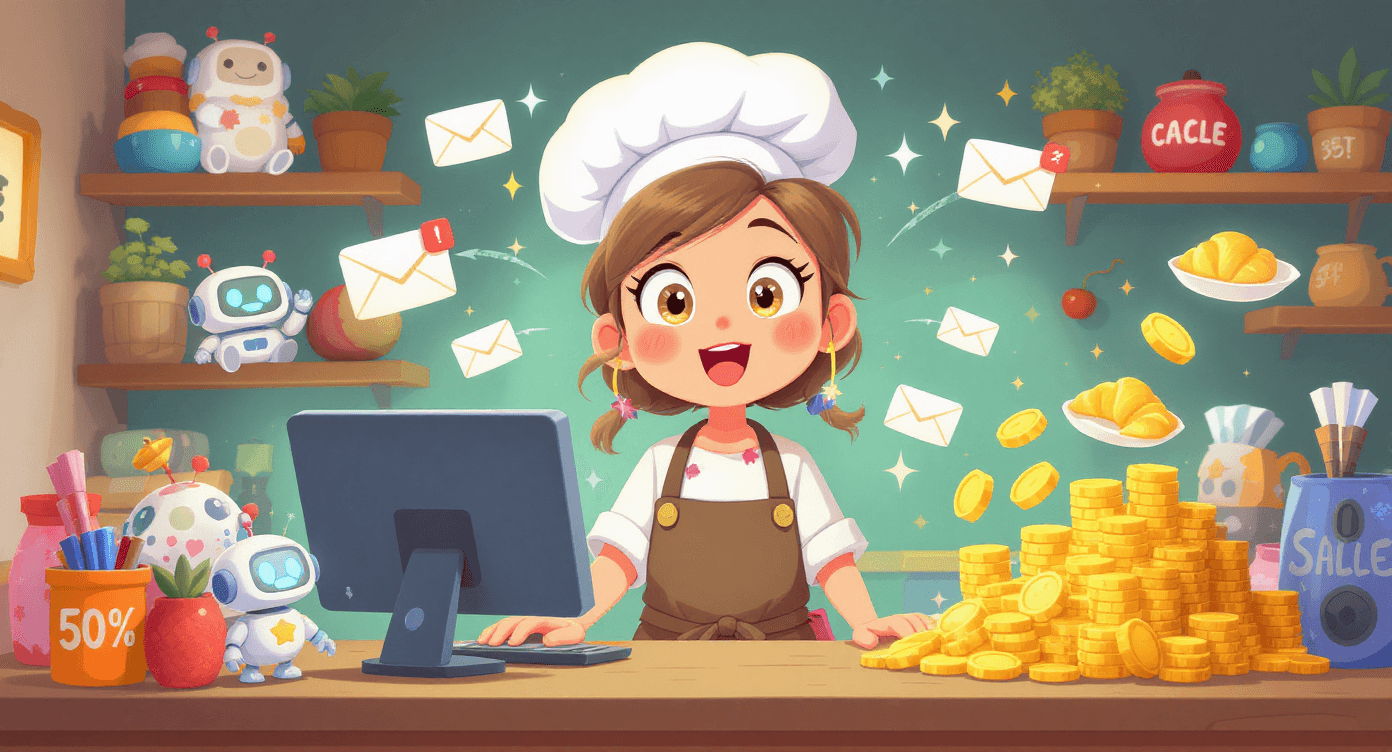 Small business AI automation cartoon baker using email marketing deep learning increase sales bakery technology