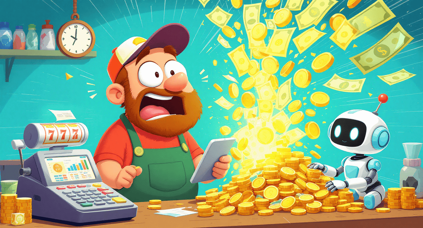 AI revenue growth cartoon small business owner cash register jackpot deep learning personalisation increase sales