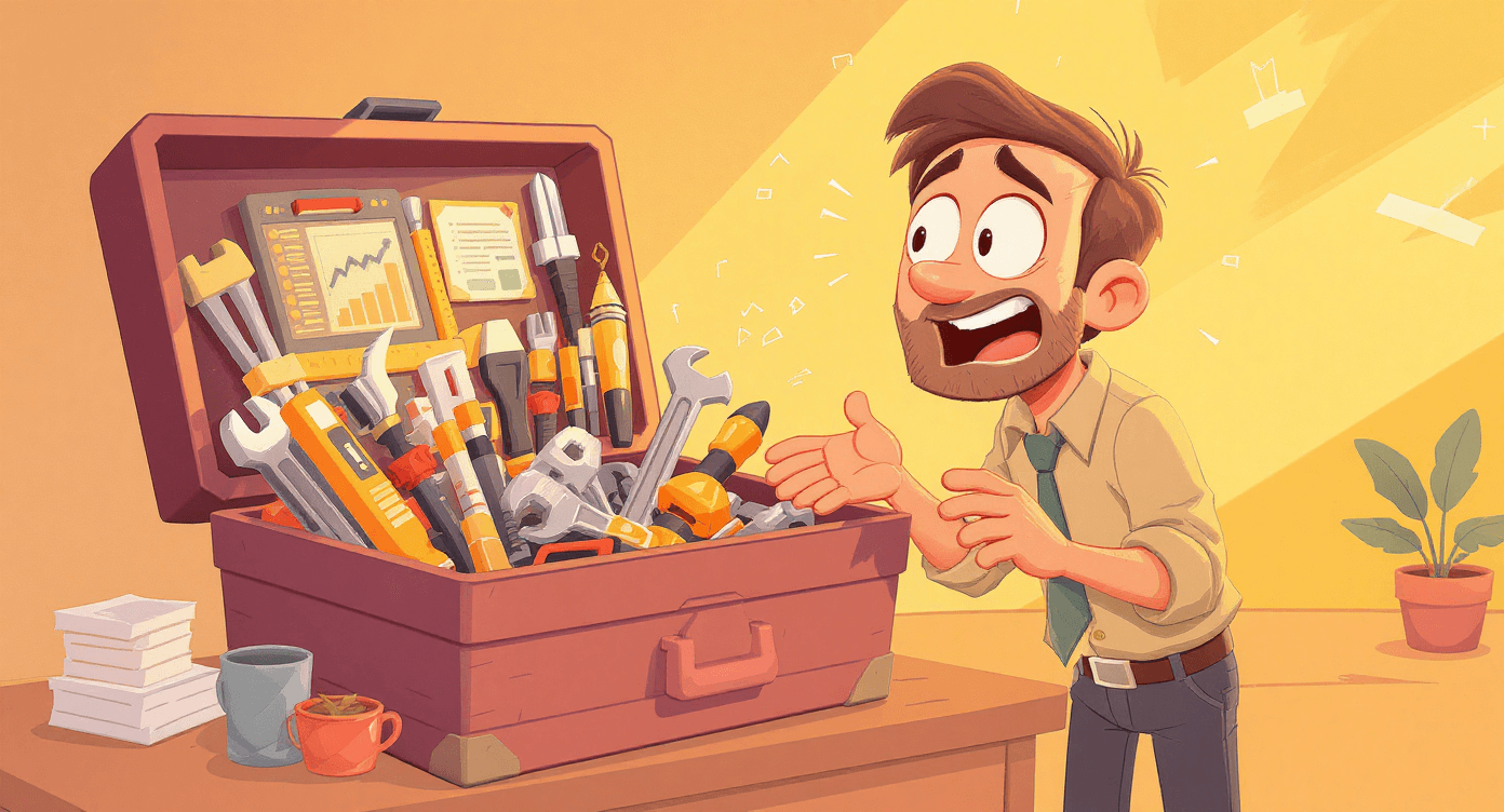 Man overwhelmed by toolbox with too many AI tools spilling out, illustrating digital tool overload and need for simplified AI productivity solutions