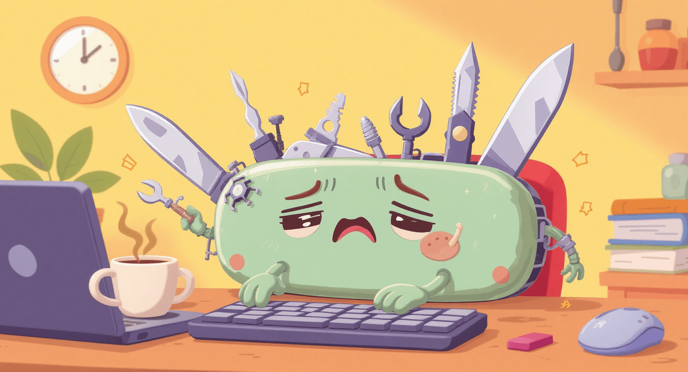 Anthropomorphized swiss army knife attempting office work, representing AI tools as versatile digital assistants for workplace productivity