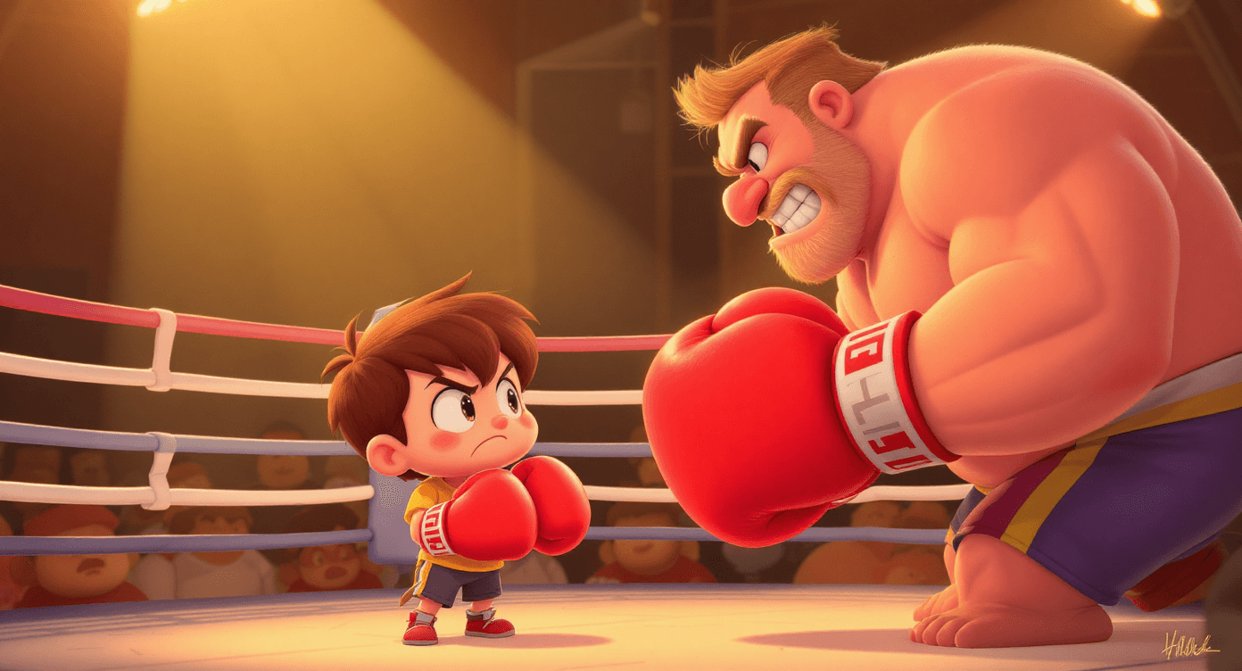 Small boxer punching above their weight class representing how AI tools help small businesses compete with larger competitors through productivity gains