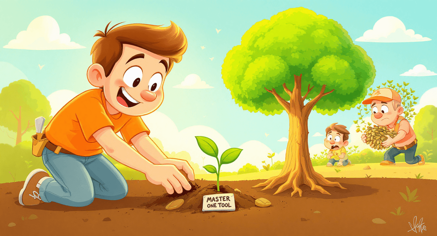 Person growing strong skills from mastering one AI tool versus struggling with multiple tools, representing focused learning approach for productivity