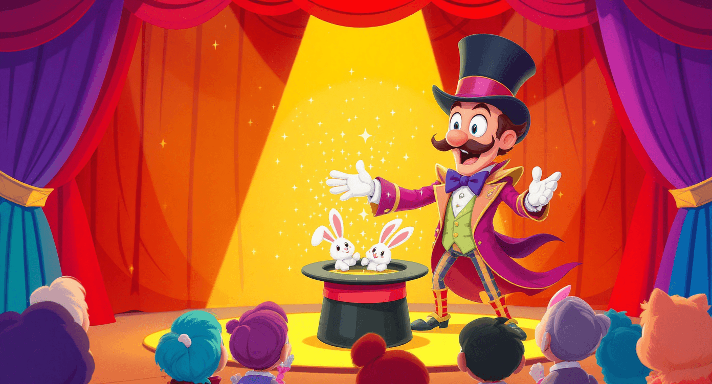 Colorful cartoon magician revealing hidden ChatGPT features like memory, voice mode, and file uploads to surprised audience