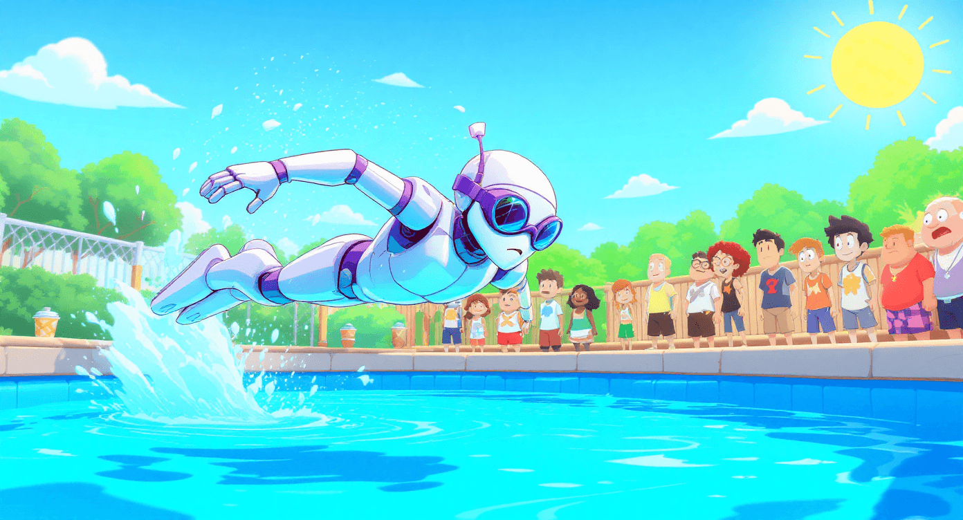 Funny cartoon robot diving confidently into ChatGPT advanced features pool while hesitant users watch from poolside afraid to explore AI capabilities