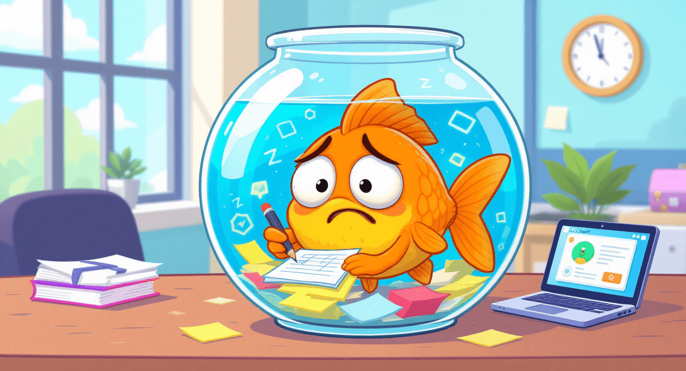 Funny cartoon goldfish with memory problems using ChatGPT without memory feature, surrounded by notes, illustrating ChatGPT's memory capabilities for users
