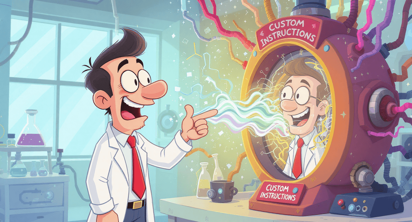 Cartoon person inputting personality traits into colorful Custom Instructions machine with AI clone emerging that mimics their communication style and tone