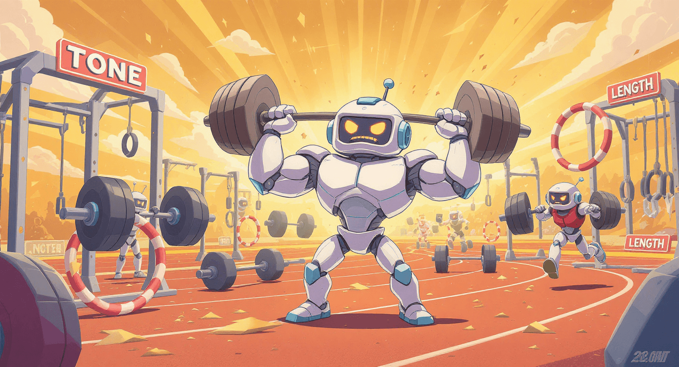 Cartoon AI robot in training camp exercising with ChatGPT Custom Instructions settings like tone, format, and length parameters for personalised responses