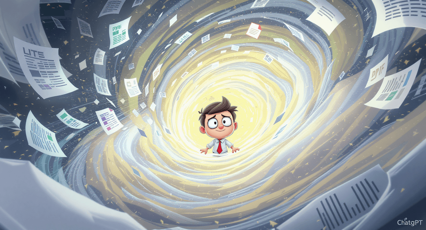 Cartoon person calmly standing while tornado of PDFs, spreadsheets and documents swirl into ChatGPT interface showing file upload and document analysis capabilities