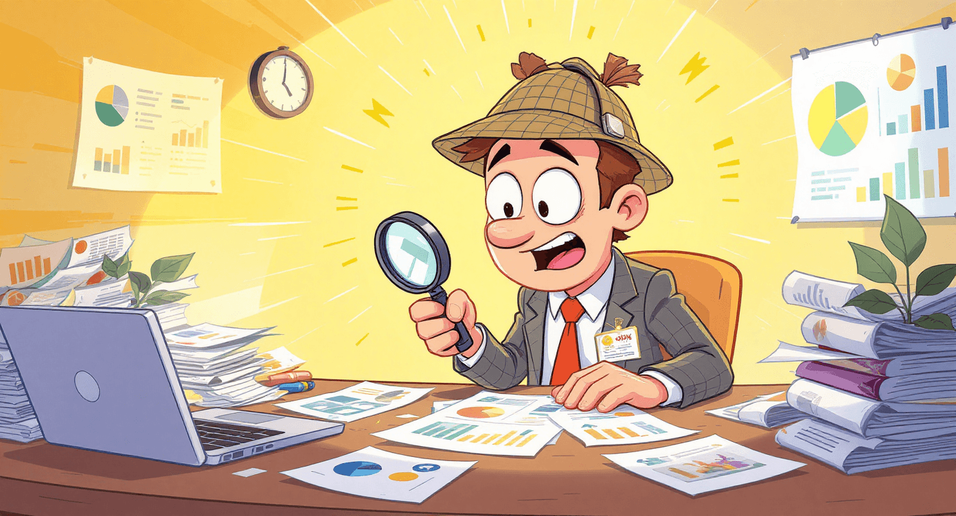 Cartoon business detective analyzing competitor websites and documents using ChatGPT file upload for competitive research and market analysis