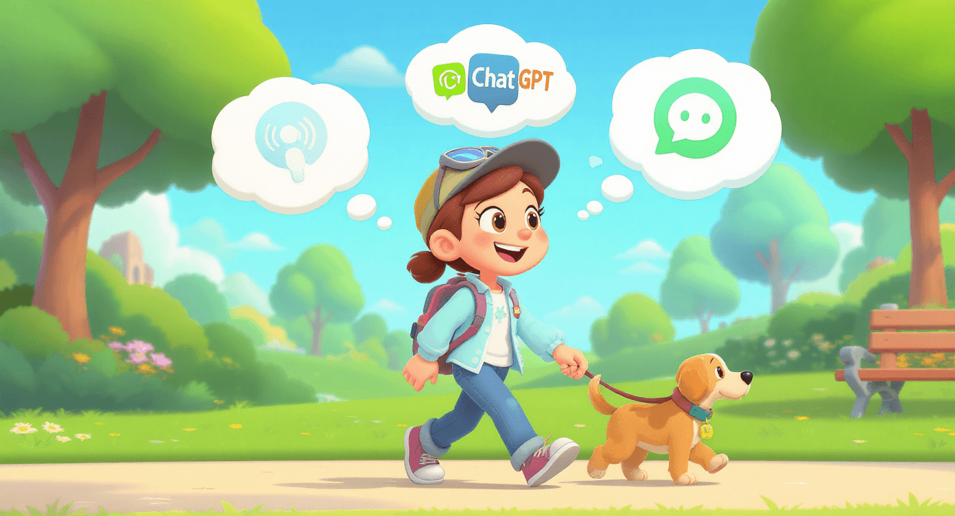 Cartoon person walking dog while brainstorming ideas through ChatGPT voice mode showing hands-free AI conversation capabilities