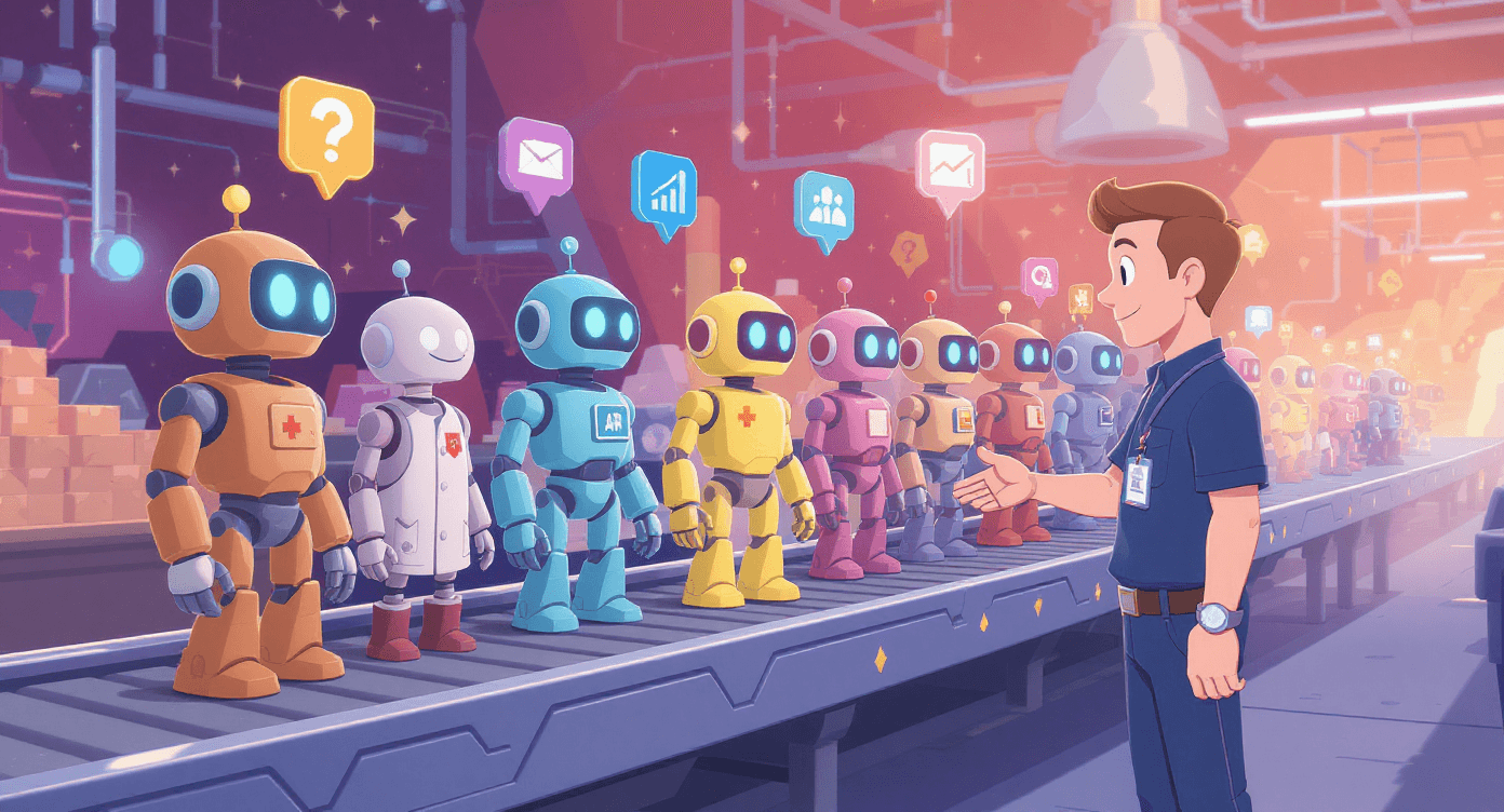 Cartoon assembly line of specialized Custom GPT robots for different industries showing personalised AI assistant selection process