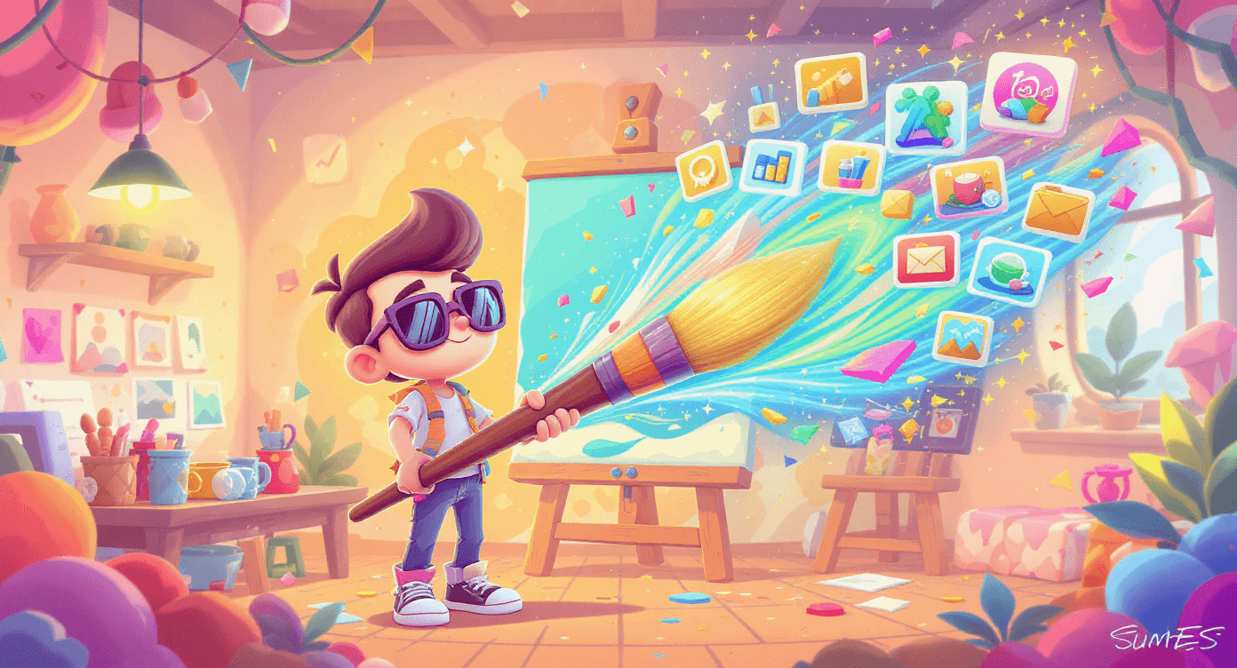 Cartoon artist using magic digital paintbrush to create social media graphics and product mockups with ChatGPT DALL-E integration