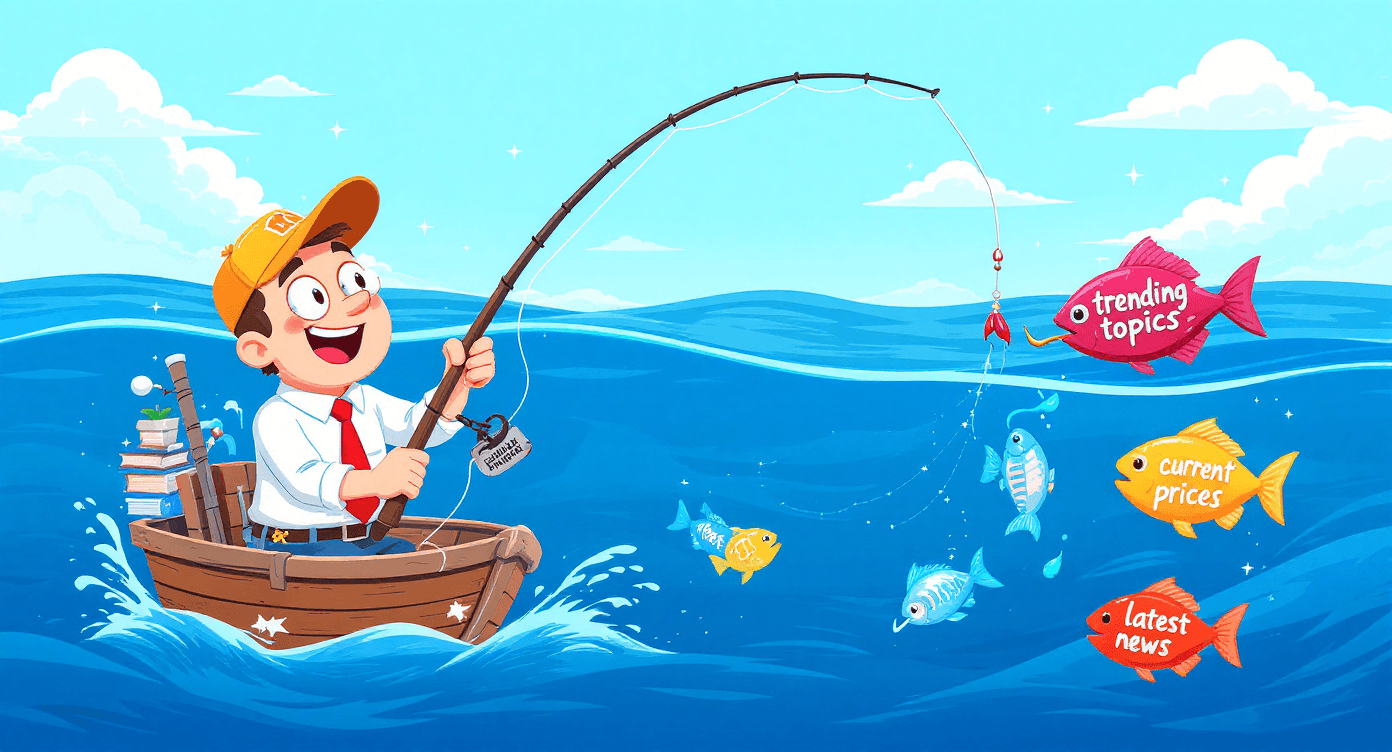 Cartoon fisherman catching current information from internet ocean showing ChatGPT web browsing for real-time data and trending topics