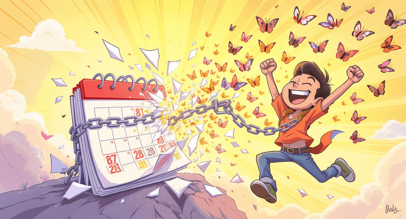 Cartoon calendar liberation showing person freeing 87 hours annually through ChatGPT time-saving features and productivity improvements