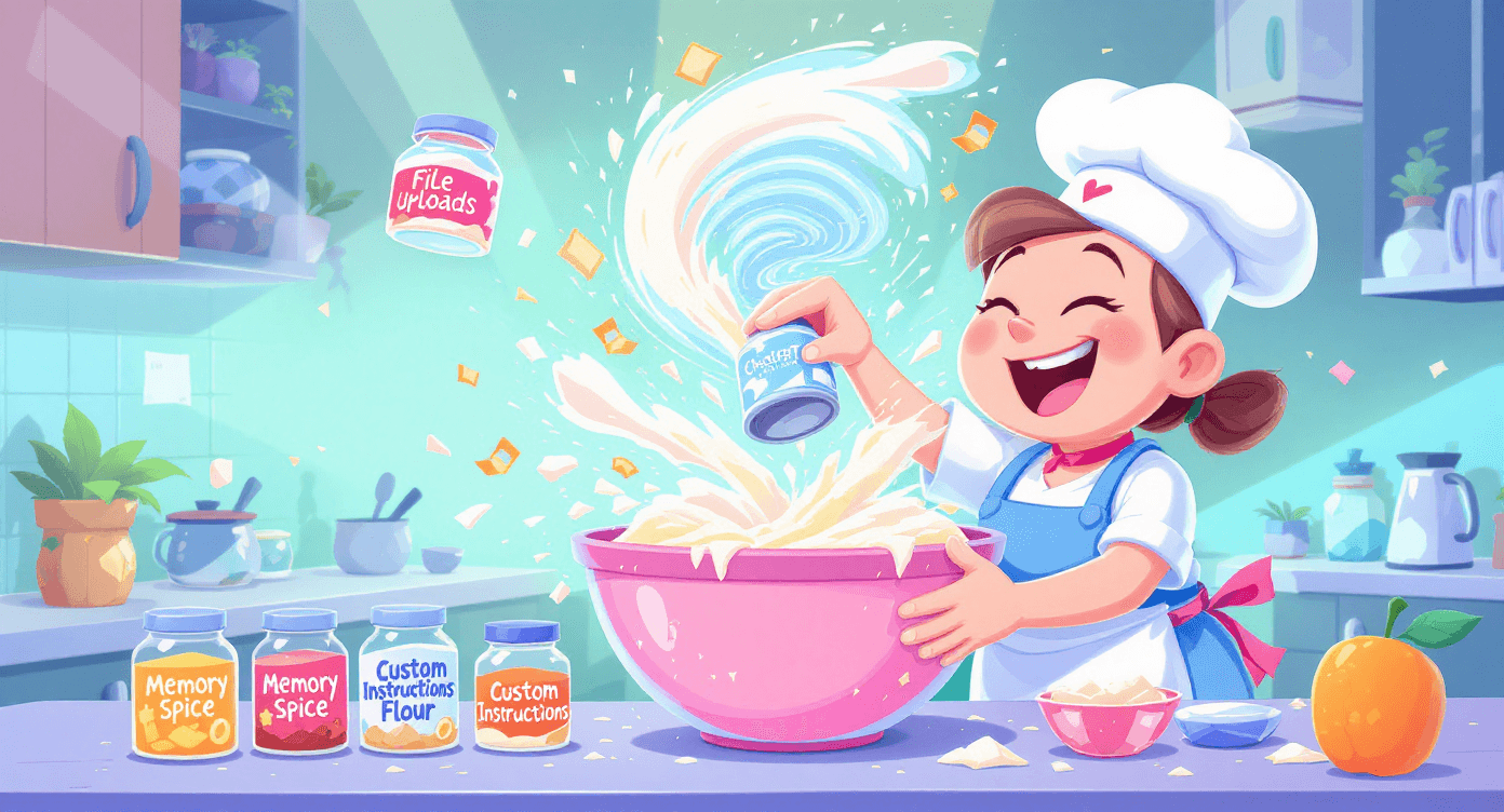 Cartoon chef mixing ChatGPT features like recipe ingredients in bowl showing how combining Memory, Custom Instructions and file uploads creates better results