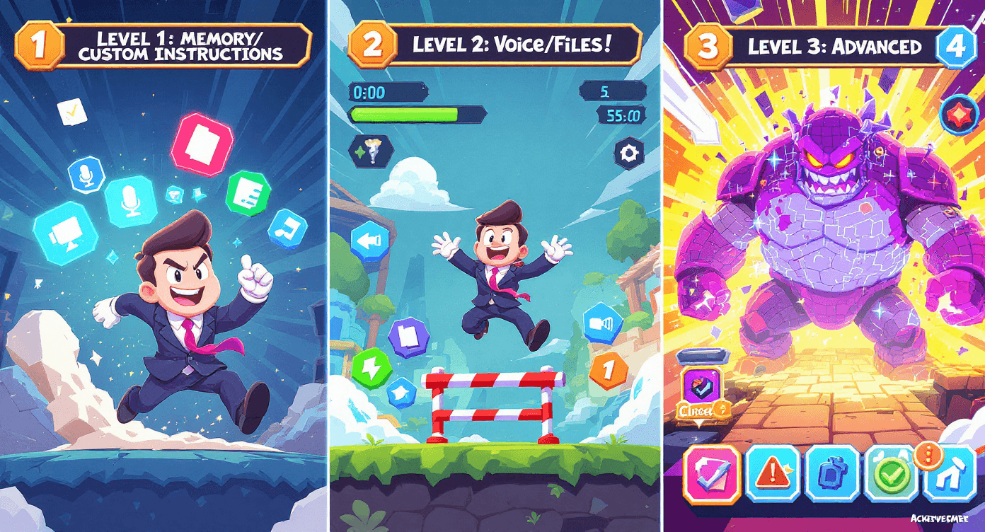 Cartoon video game interface showing ChatGPT feature progression levels from basic Memory settings to advanced AI capabilities with achievement unlocks