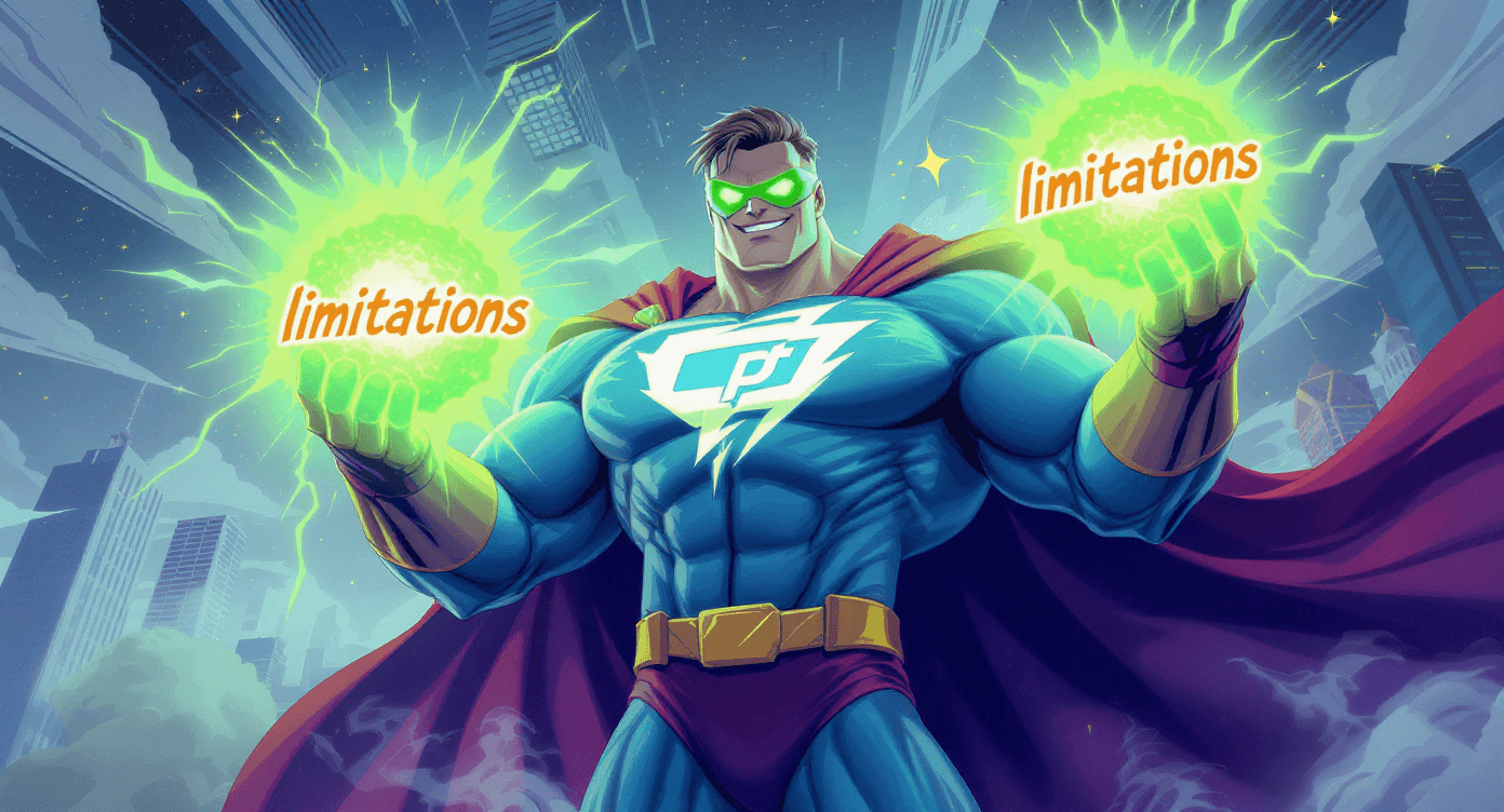 Cartoon ChatGPT superhero confidently displaying both AI superpowers and kryptonite limitations for honest capability assessment