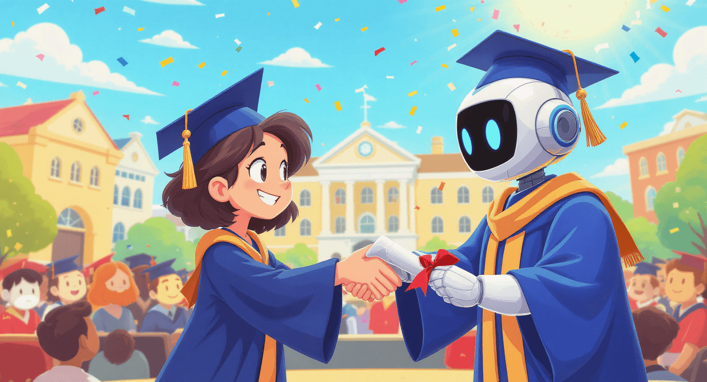 Cartoon graduation ceremony showing person becoming ChatGPT power user while basic users watch from audience representing AI skill advancement