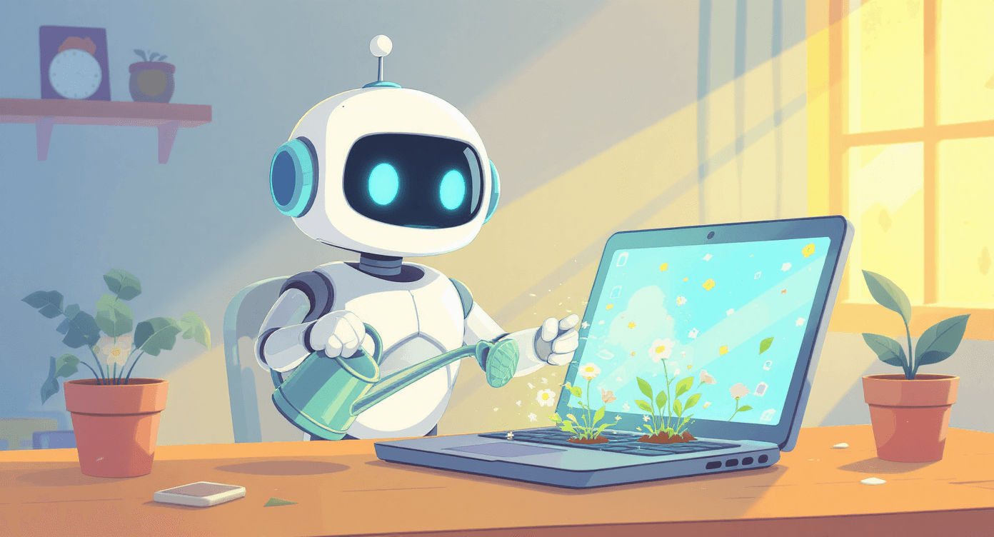 Robot literally watering laptop computer with garden can - funny AI prompt fails and how to write effective AI prompts