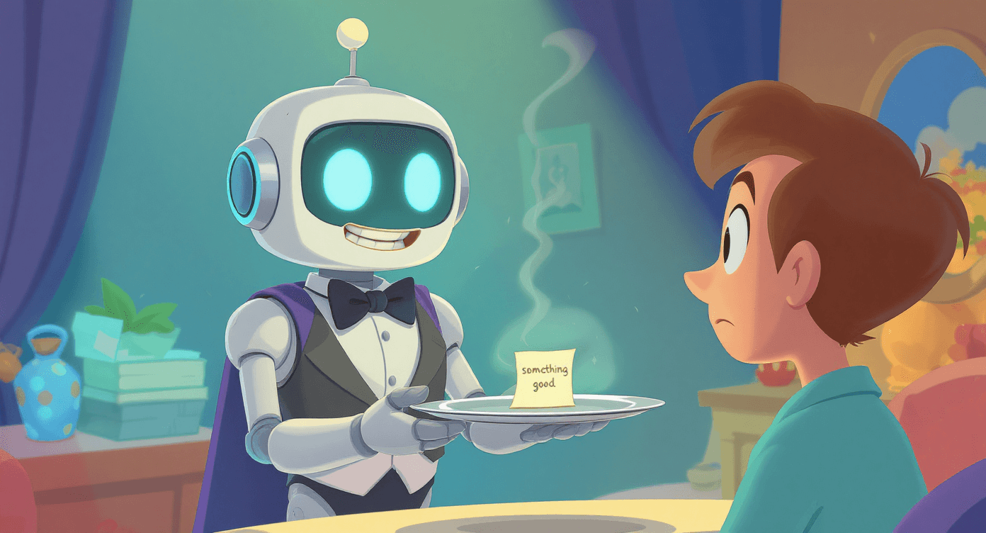 Robot butler serving literal interpretation of vague AI prompt on silver platter - common AI prompting mistakes