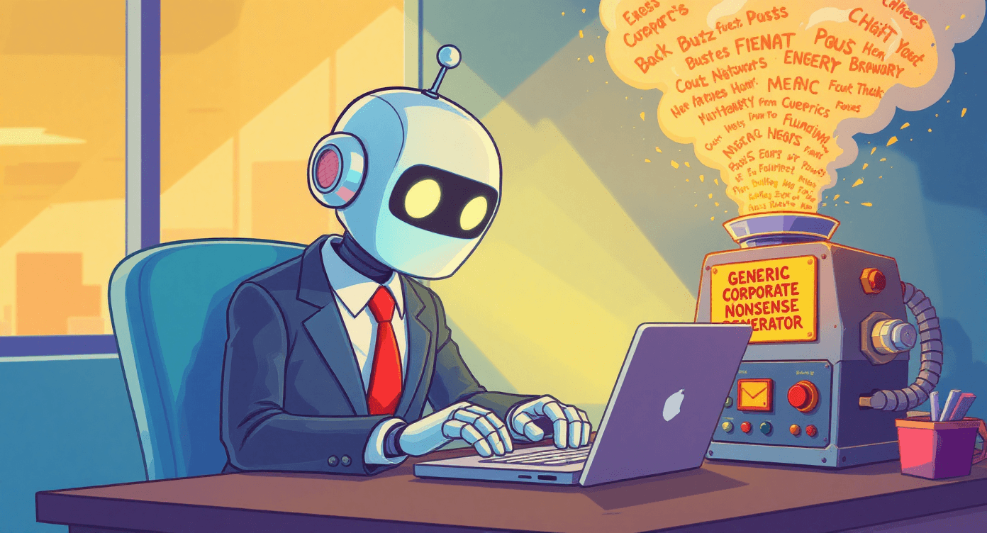 Robot generating generic corporate email content - AI prompting mistakes beginners make when writing vague prompts