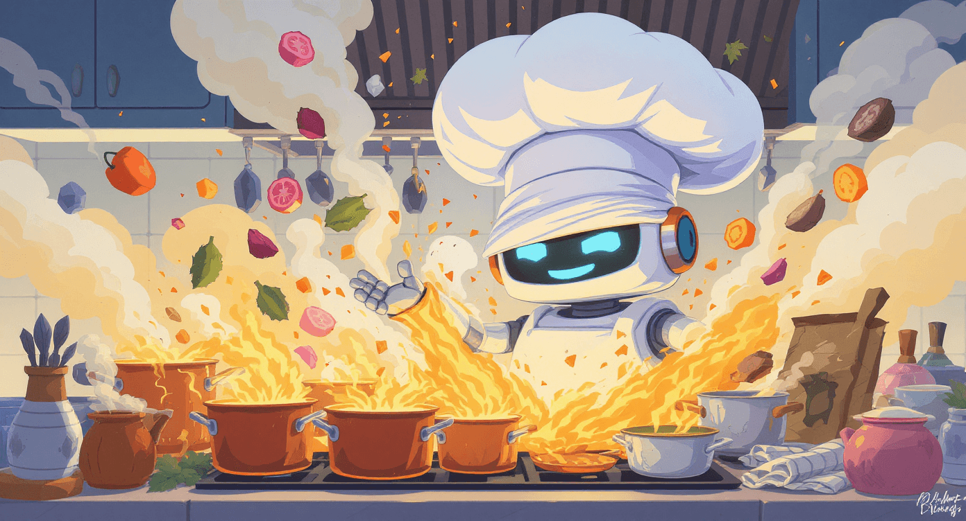 Robot chef cooking too many things at once creating chaos - how to write focused AI prompts for beginners