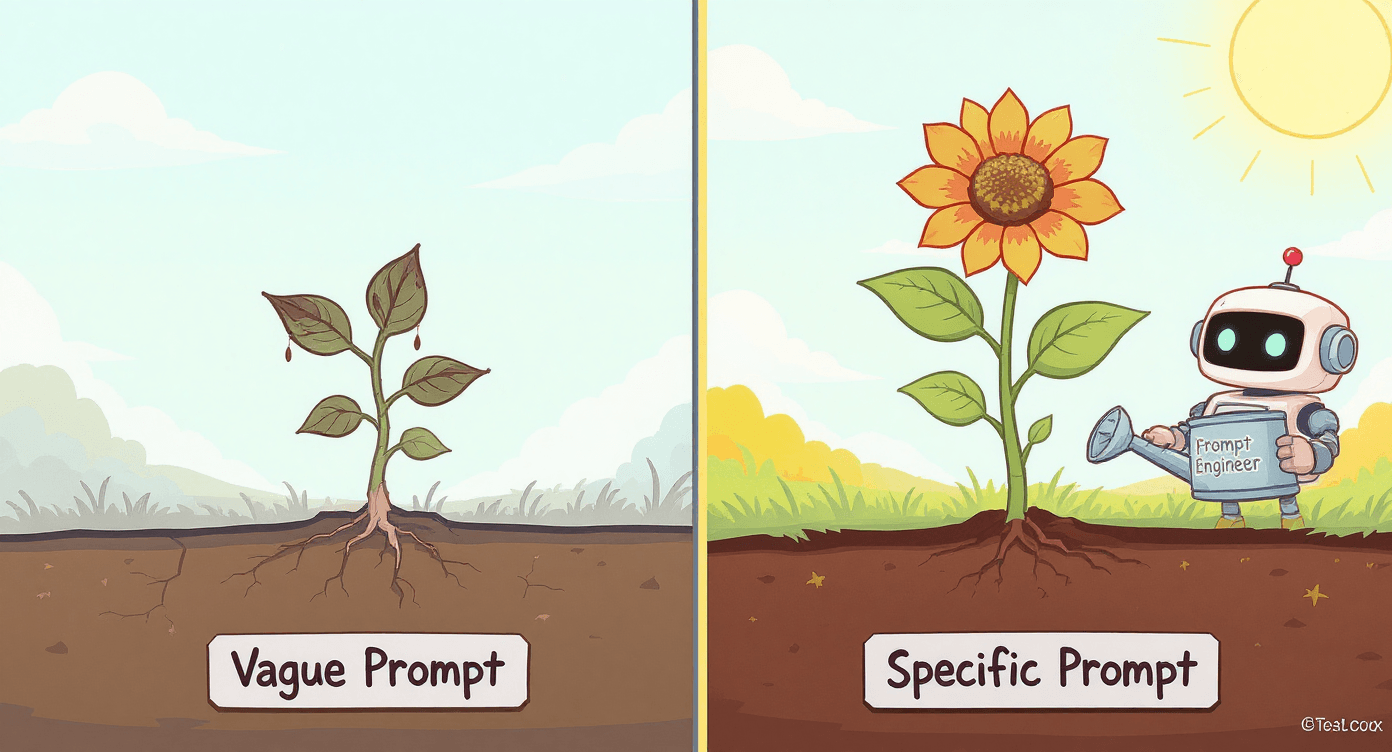 Split screen showing wilted plant becoming blooming flower - before and after AI prompt transformation for beginners