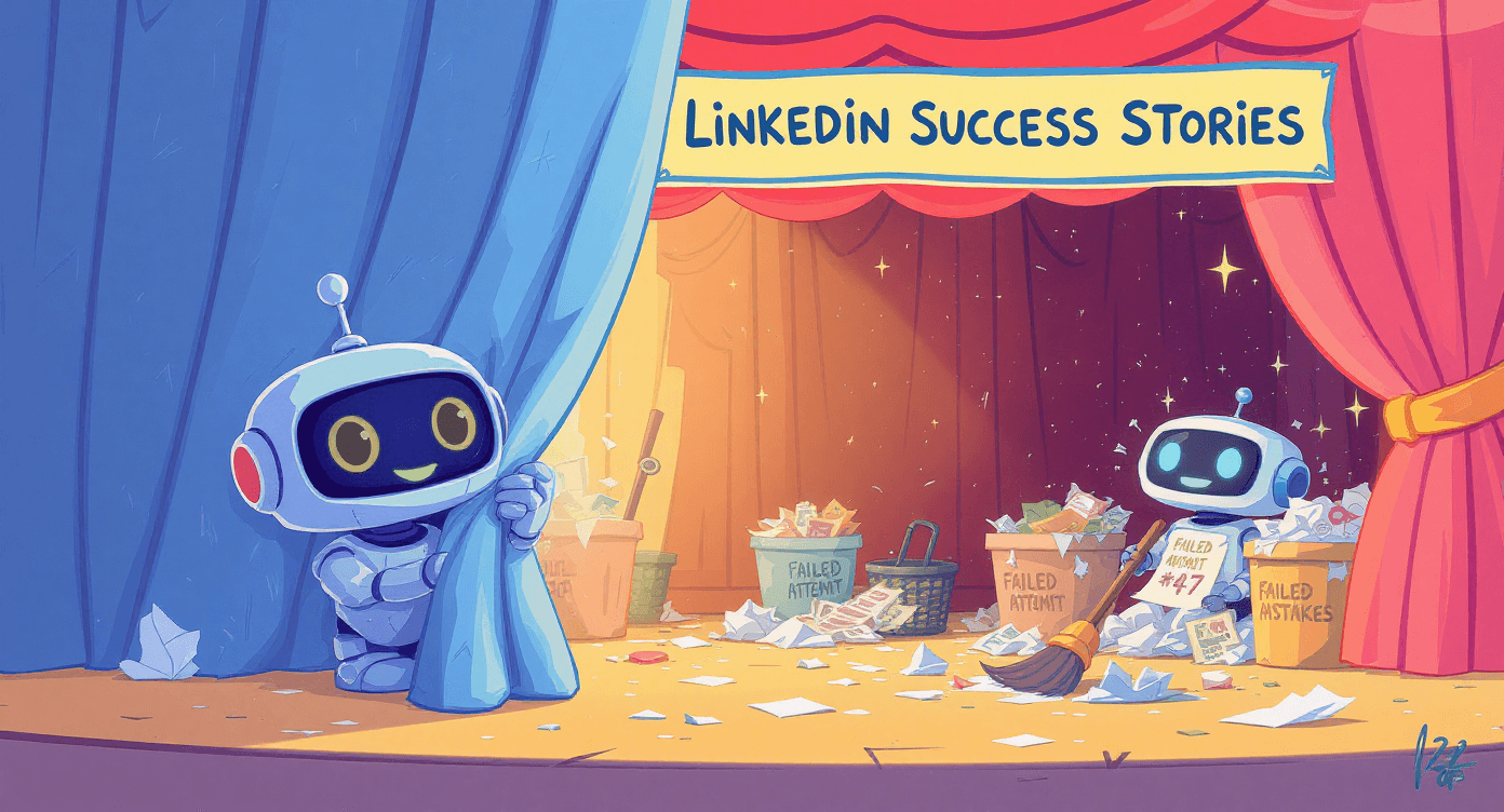 Robot revealing messy backstage behind perfect LinkedIn AI success posts - AI expert secrets beginners should know