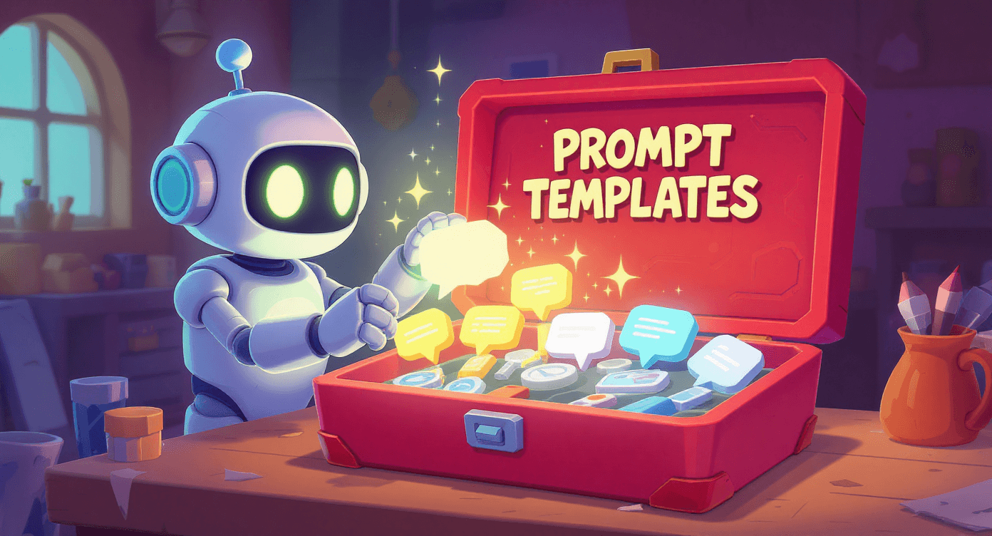 Robot mechanic with organized toolbox of AI prompt templates - beginner guide to effective prompting frameworks