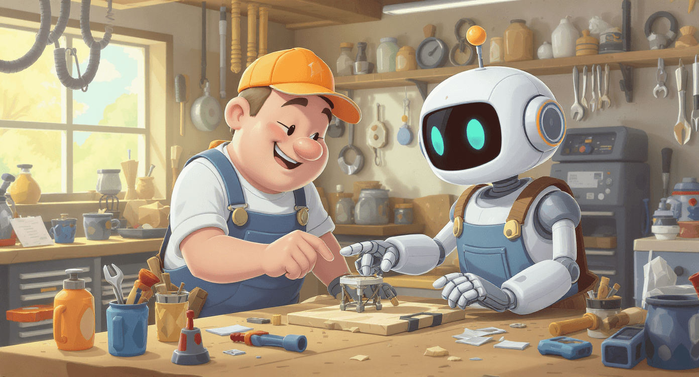 Robot workshop buddy in overalls giving hands-on advice - AI prompting template for practical expert guidance