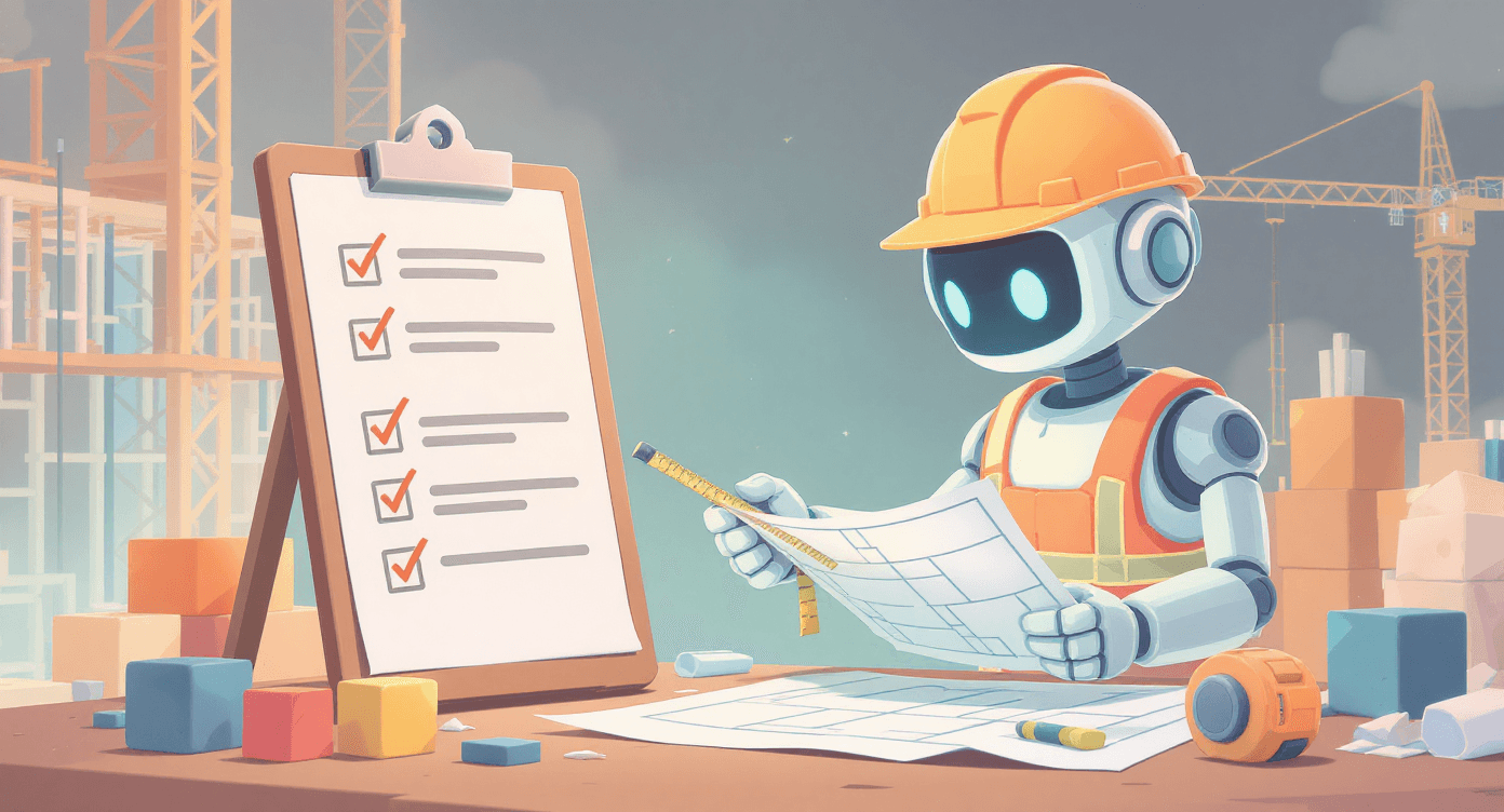 Robot architect building with precise specifications and checklist - AI prompting template for specific content creation