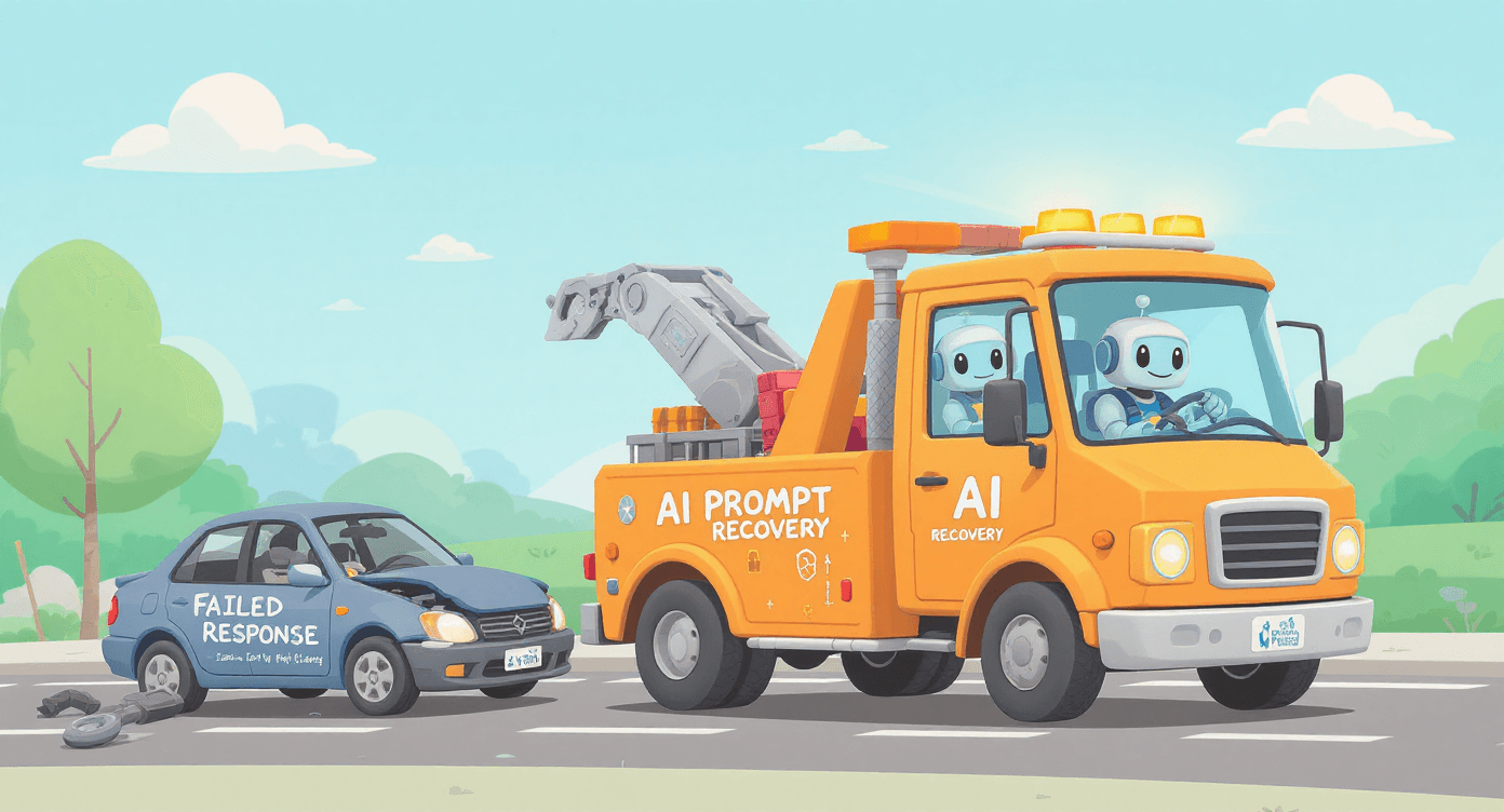 Robot mechanic in recovery truck rescuing broken down AI response car - AI prompt recovery techniques for beginners