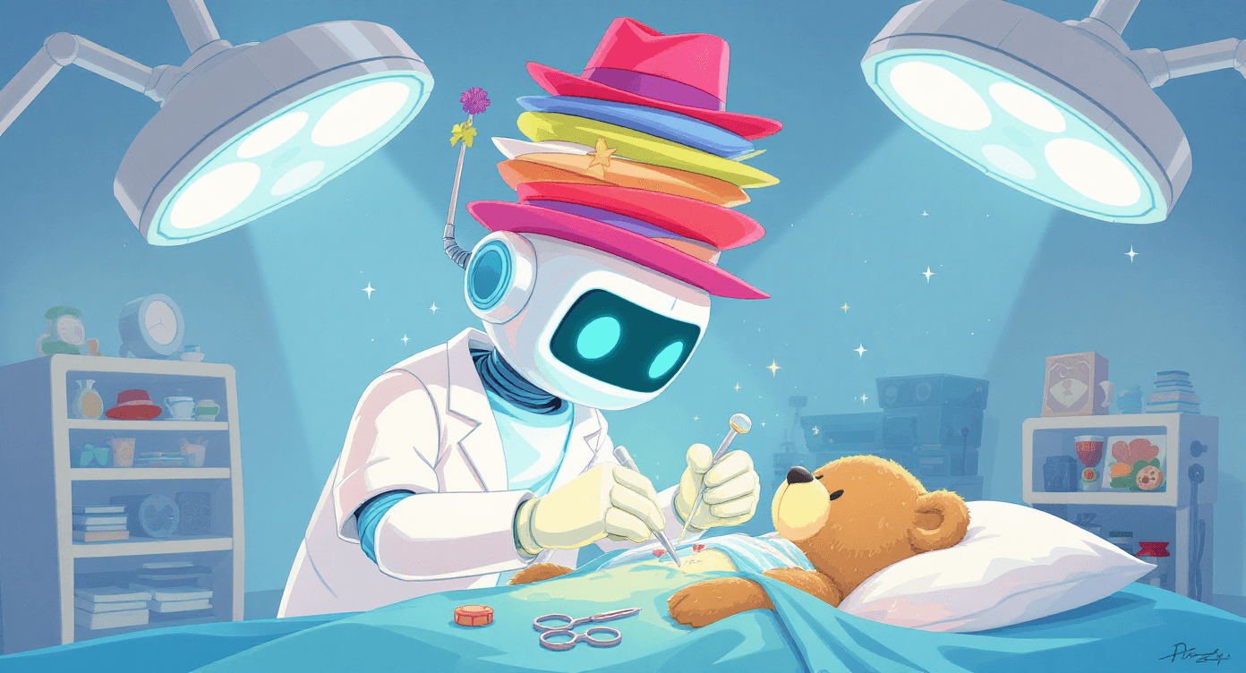 Robot librarian organizing books perfectly while fighting imaginary book monsters with sword - humorous AI intelligence and silly literalness