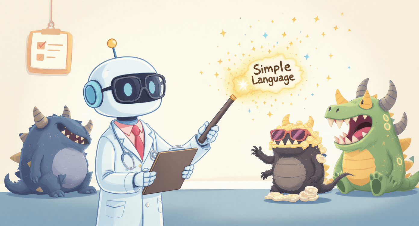 Robot therapist transforming scary tax monsters into friendly creatures - AI prompting for reducing customer anxiety