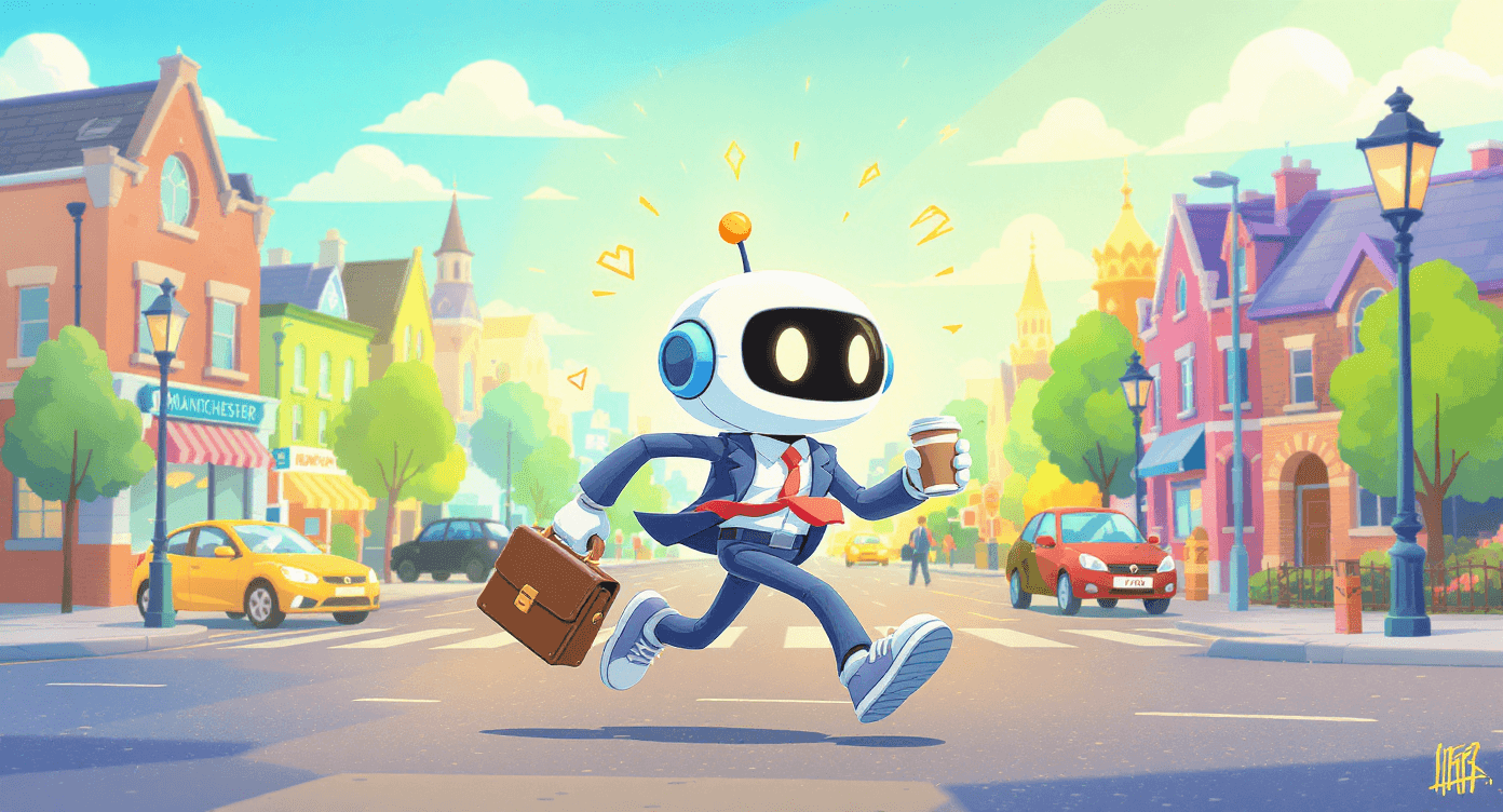 Robot barista in Manchester coffee shop creating local engagement content - AI prompting for location-specific social media